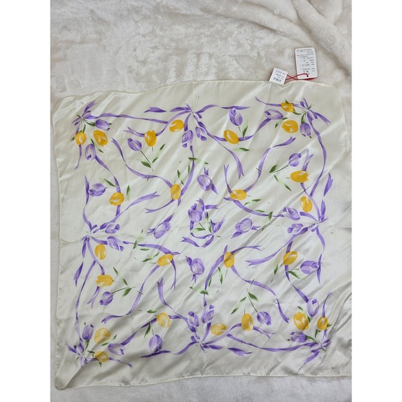 Accessories - 100% Charmuse Silk Square Scarf Yellow Tulip Purple Ribbon Floral 50cmx50cm NWT